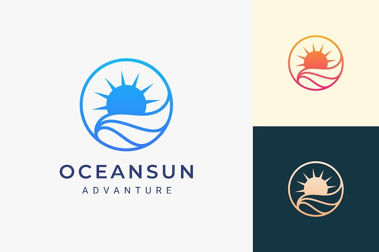 Vetor logotipo simples do mar ou do surf com as ondas do mar e o sol em forma de círculo