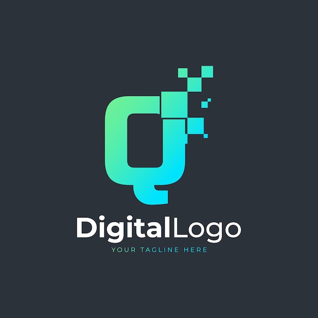 Logotipo tech letter q forma geométrica azul e verde com logotipos de tecnologia de pontos de pixel quadrados