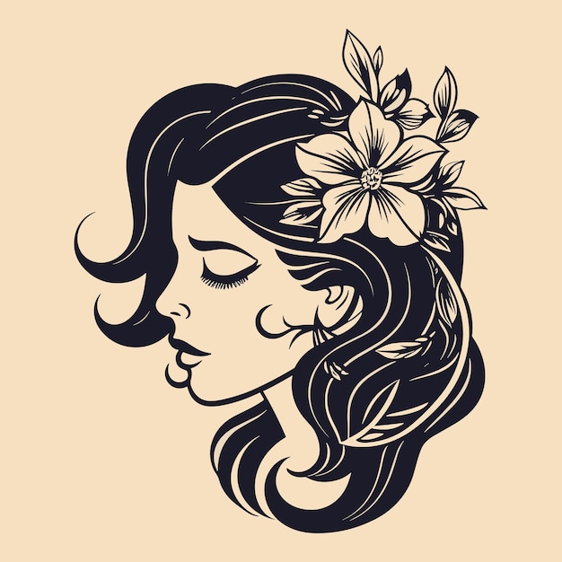 Vetor logotipo vetorial de um rosto de mulher com flores no cabelo