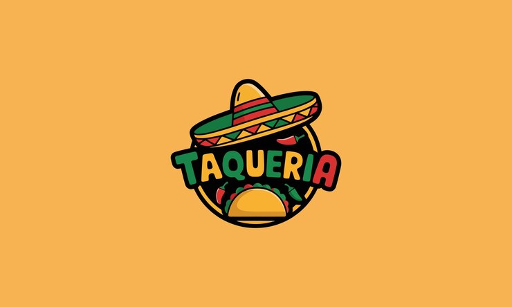 Logotipo vibrante de taqueria mexicana com sombrero e taco