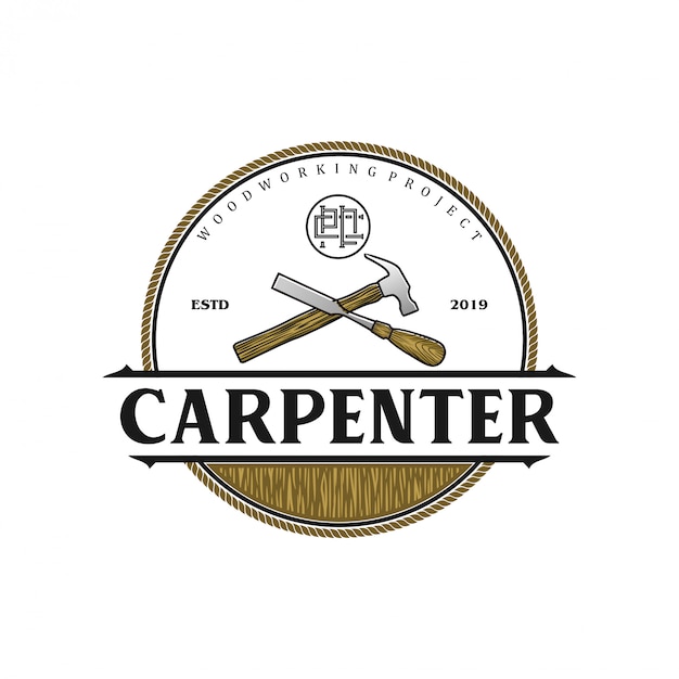 Logotipo vintage de carpinteiro com elemento martelo e formão