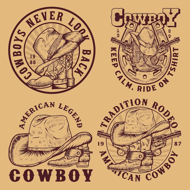 Logotipo vintage do Oeste Selvagem Cowboy desenhado à mão Ilustração vetorial
