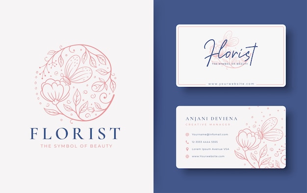 Logotipo vintage floral abstrato com borboleta e cartão de visita