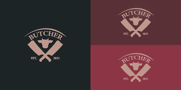 Vetor logotipo vintage retro butcher com facas cruzadas em cor dourada suave apresentado com vários fundos