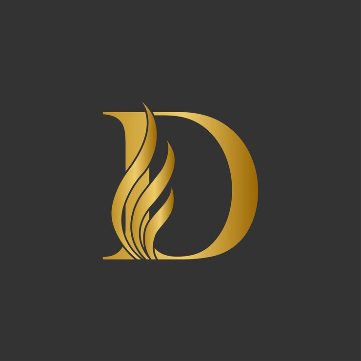 Logotipo WebElegant Gold Letter D com motivos de chama em fundo preto