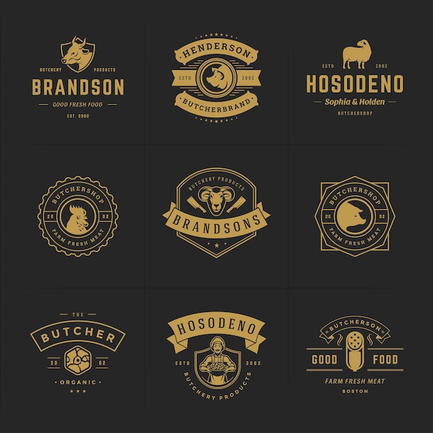 Logotipos de açougue definir ilustração vetorial bom para emblemas de fazenda ou restaurante com animais e silhuetas de carne. design de emblemas de tipografia retrô.