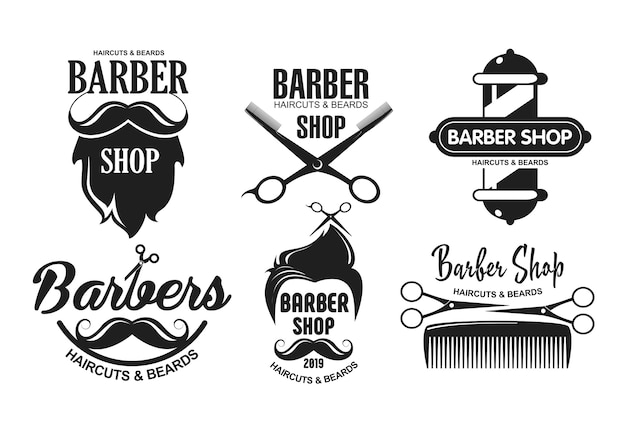 logotipos de barbearia, emblemas em estilo vintage.