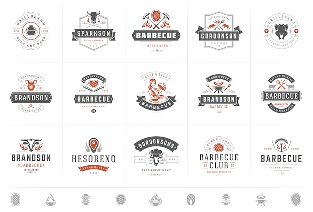 Logotipos de churrasqueira e churrasqueira defina vetor ilustração churrascaria ou restaurante menu emblemas com comida para churrasco