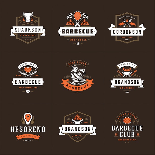 Logotipos de churrasqueiras e churrasqueiras definem emblemas de menu de churrascaria ou restaurante com silhuetas de churrasco