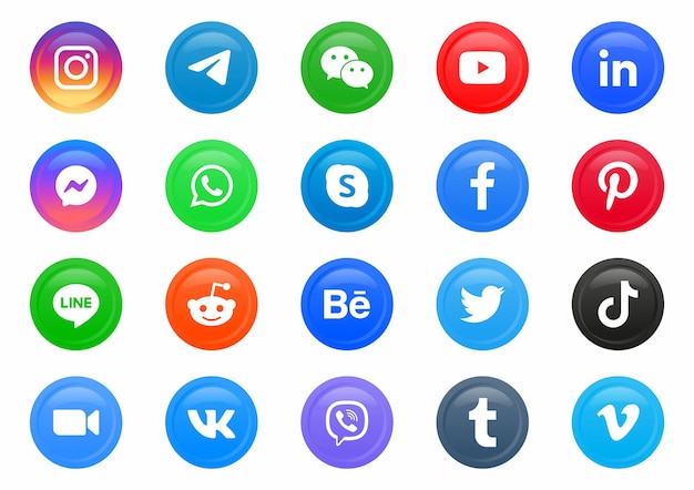 Logotipos de ícones de mídia social populares em círculo moderno redondo ou botões de rede instagram facebook logo