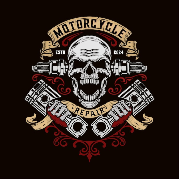 logotipos de motocicletas vintage crânio fita e pistões rótulo distintivo emblema para clube de motocicleta