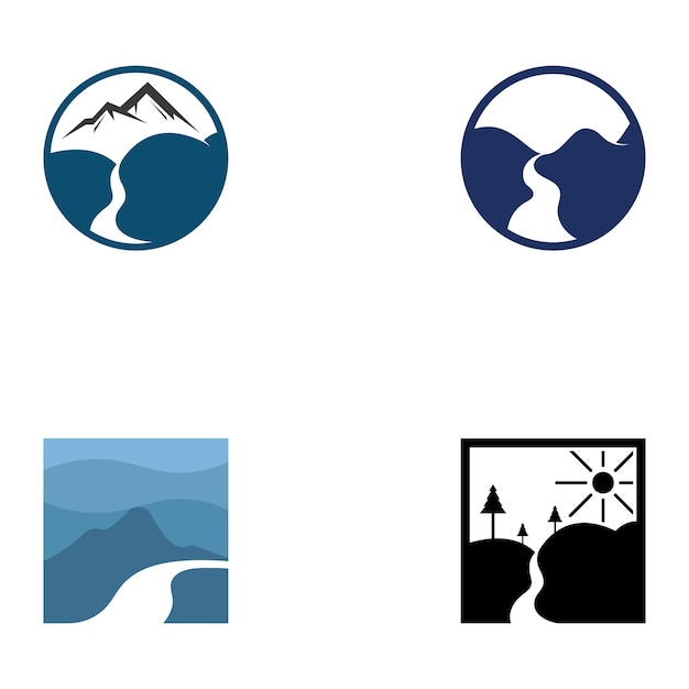 Logotipos de rios riachos margens de rios e córregos logotipo do rio com combinação de montanhas e terras agrícolas com modelo de ilustração vetorial de design de conceito