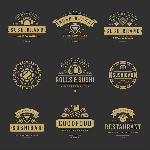 Logotipos e emblemas de restaurantes de sushi definem comida japonesa