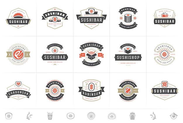 Logotipos e emblemas de restaurantes de sushi definem comida japonesa