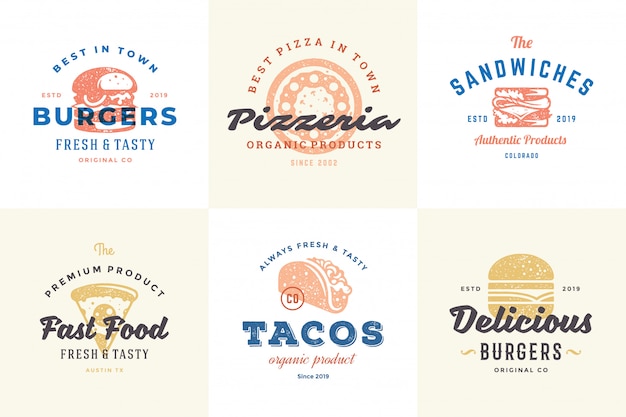 Logotipos e etiquetas tirados mão do fast food com ilustração ajustada do vetor do estilo retro moderno da tipografia do vintage.