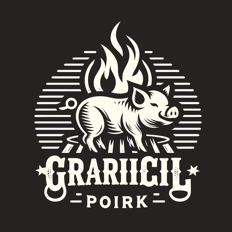 Vetor logotipos elegantes de carne de porco grelhada a carvão desenhos ousados com chamas de porcos e elementos de grelha perfeitos