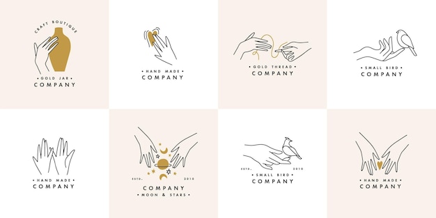 Logotipos ou emblemas lineares de design vetorial mãos em gestos diferentes símbolo abstrato