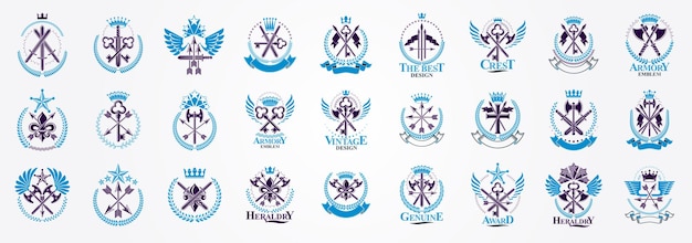 Logotipos ou emblemas vetoriais de armas vintage, grande conjunto de elementos de design heráldico, símbolos de arsenal de guerra militar de heráldica de estilo clássico, composições de facas antigas.