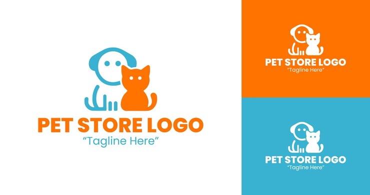 Vetor logotipos únicos de lojas de animais de estimação em laranja e azul para negócios de cuidados com animais e varejo