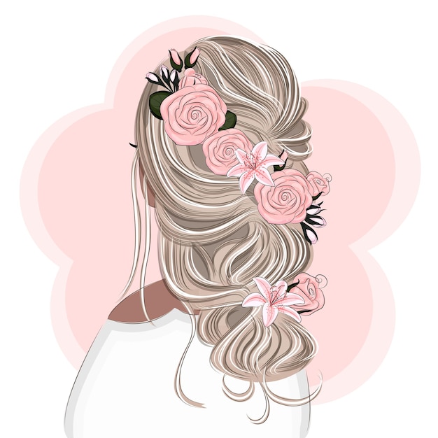 Vetor loira com um lindo penteado com ilustração vetorial de moda de flores