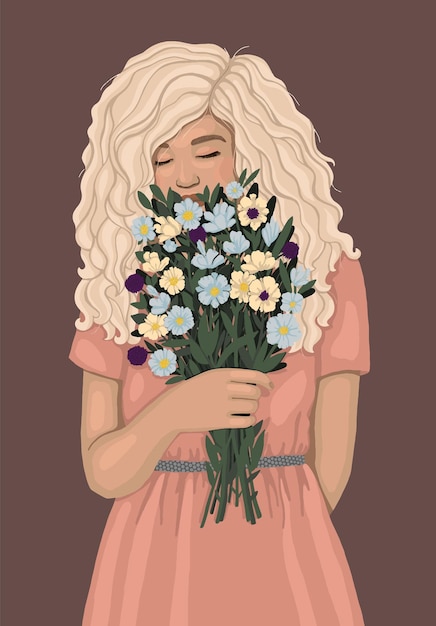 Vetor loira linda com um buquê de flores ilustração colorida desenhada