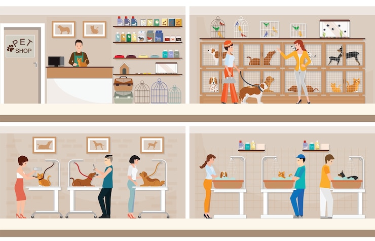 Vetor loja de animais de estimação moderna com gaiolas de animais.