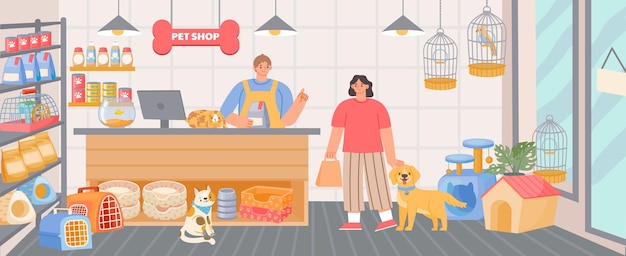 Loja de animais dentro do interior com caixa e cliente com cachorro. Alimentos para animais, acessórios e brinquedos na loja. Cena de vetor de supermercado de zoológico de desenhos animados. Cliente comprando comida para animal doméstico