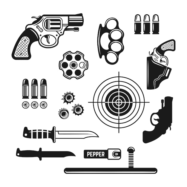 Loja de armas, clube de tiro ou conjunto de elementos de design monocromático de vetor isolados no branco