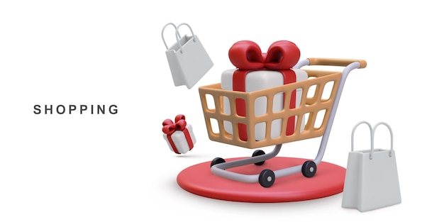 Loja de banner de compras realista 3d isolada em ilustração vetorial de fundo branco