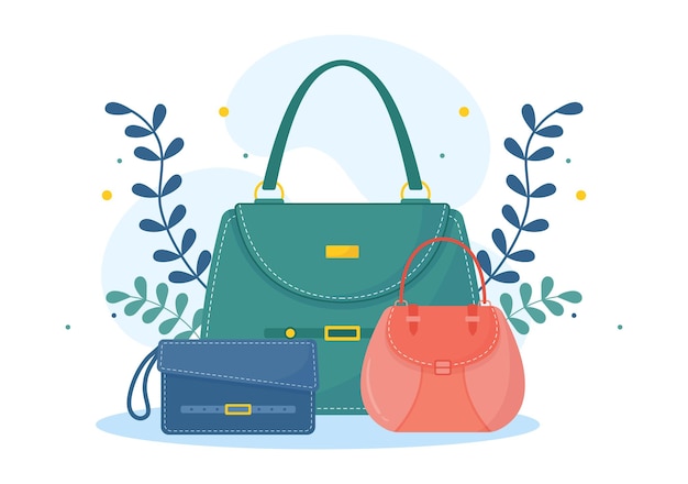 Loja de bolsas com coleção de várias bolsas e diferentes tipos de estilo de vida em ilustração plana