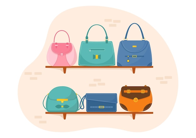 Loja de bolsas com coleção de várias bolsas e diferentes tipos de estilo de vida em ilustração plana