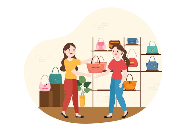 Vetor loja de bolsas com coleção de várias bolsas e diferentes tipos de estilo de vida em ilustração plana