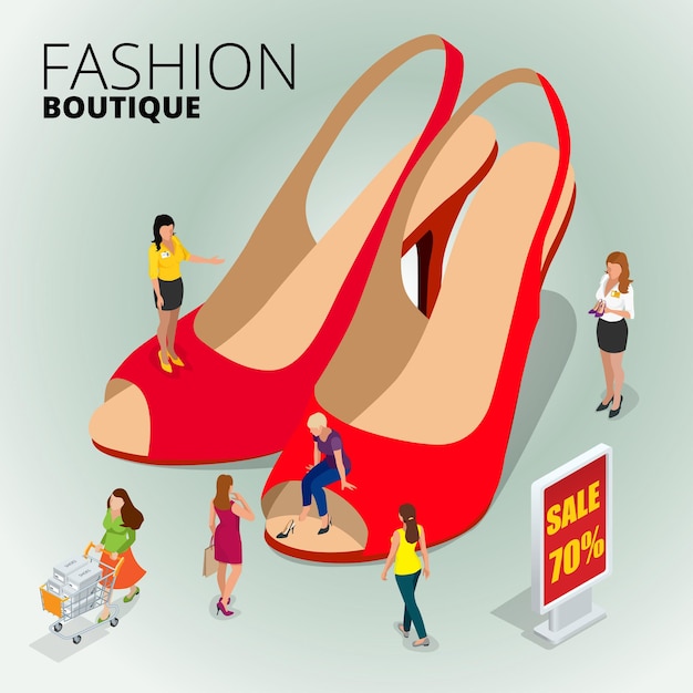 Loja de boutique de moda, variedade de sapatos de couro coloridos na loja, mulher usando tablet digital para fazer compras on-line, mulheres comprando sapatos em uma loja de sapatos. Ilustração isométrica de vetor 3d plana