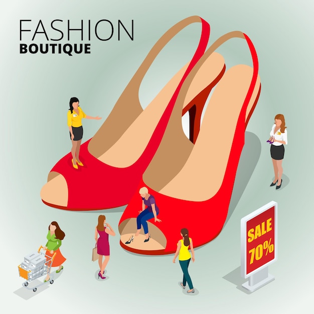 Loja de boutique de moda, variedade de sapatos de couro coloridos na loja, mulher usando tablet digital para fazer compras on-line, mulheres comprando sapatos em uma loja de sapatos. ilustração isométrica de vetor 3d plana