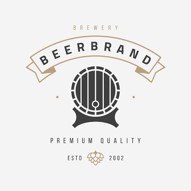 Loja de cerveja minimalista pub vintage texturizado logotipo com barril de madeira e ilustração vetorial de lúpulo bebida de álcool premium cervejaria retrô monocromática com design de modelo de emblema de ingredientes naturais