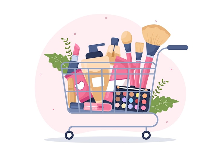 Vetor loja de cosméticos com produtos para cuidados com a pele e produtos de beleza para meninas em ilustração de desenho animado plano