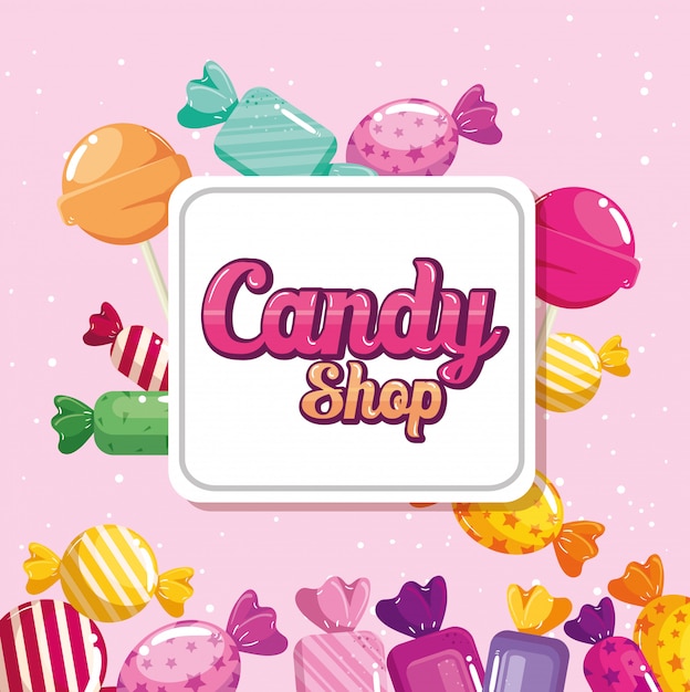 loja de doces com banner de caramelos