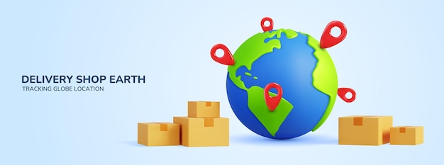 Loja de entregas Terra Rastreio de localização do globo internet mapa mundial bolha 3D pontos de produtos mercado embalagem de encomendas logística Mapa do mundo modelo de banner web navegação vetorial