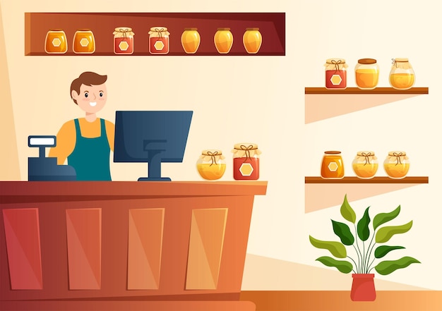 Loja de mel com um frasco de produto natural útil ou favos de mel para serem consumidos na ilustração plana