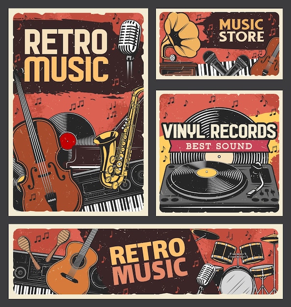 Vetor loja de música retrô e banner de discos de vinil