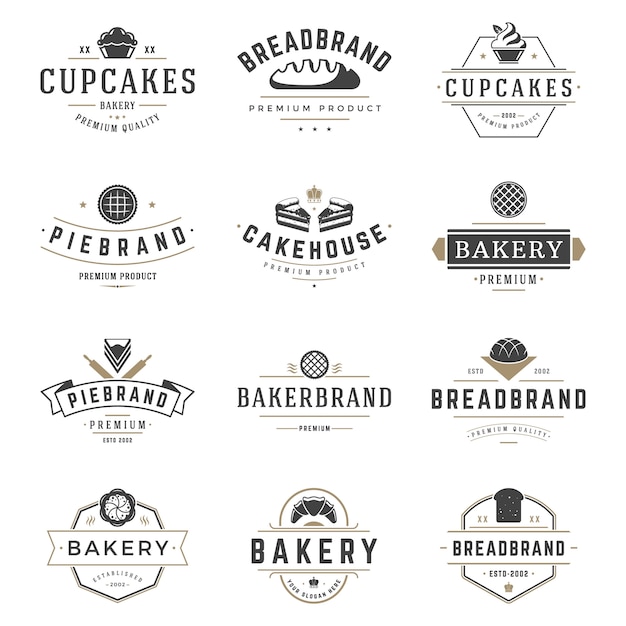 Loja de padaria logotipo e emblemas de design modelos vetoriais, pastelaria comida ou bolos logotipos de casa