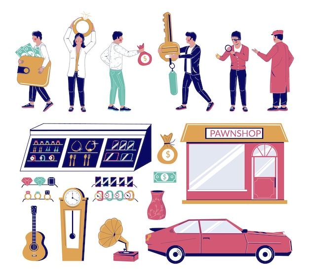 Loja de penhores conjunto de personagens de desenho animado vetor plana ilustração isolada loja de penhores joalheiro corretor de penhores cliente loja de penhores construção de carros jóias pedras preciosas antiguidades guitarra telefones celulares para garantia