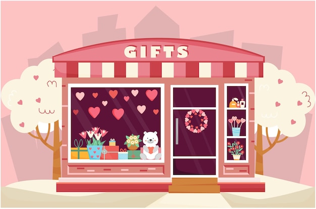 Loja de presentes com decoração de dia dos namorados vitrine de loja de dia dos namorados com presentesbouquet de flores