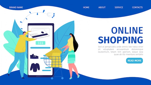 Loja móvel de negócios on-line na tecnologia de smartphone, ilustração. As pessoas compram em serviço, pagamento pelo conceito de cartão. venda de comércio na web, compras pela internet na página inicial do telefone.