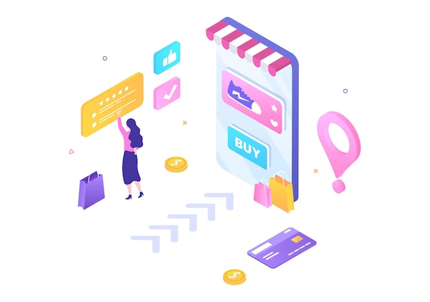 Loja móvel ou compras on-line em ilustração vetorial de aplicativo. promoção de marketing digital, pagamento e compra via cartão de crédito para pôster