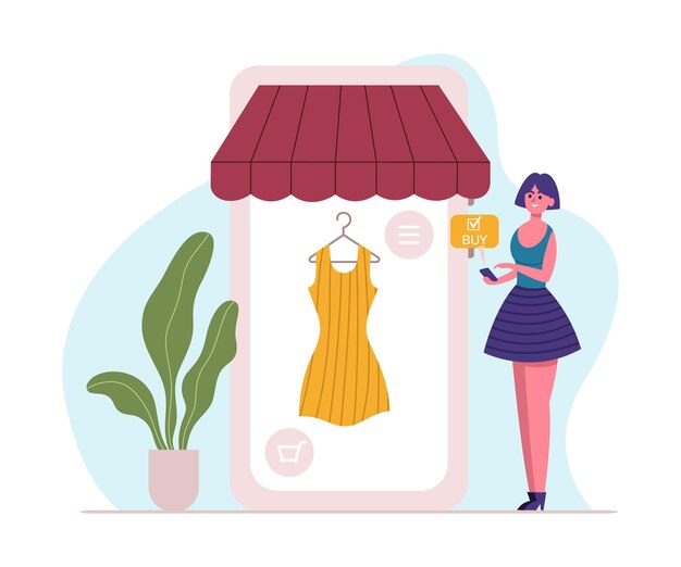Loja on-line comprando tela de smartphone de pagamento móvel com mulher de desenho animado de loja de roupas clicando para adicionar vestido