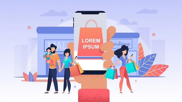 Loja online. As mulheres fazem compras na loja móvel.