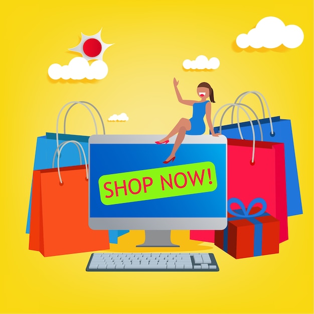 Loja online de compras de mulher feliz. E-shopping e conceito de comércio eletrônico