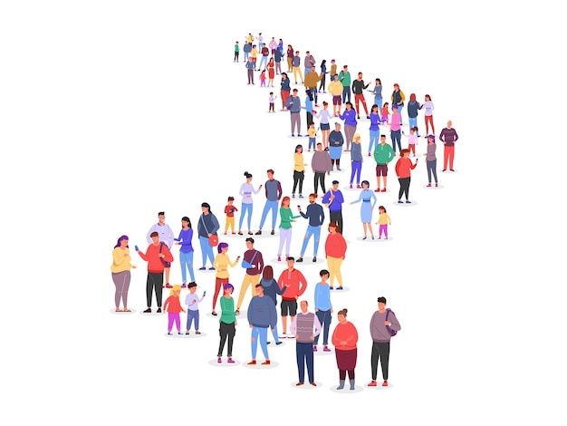 Longa fila de multidão Linha de pessoas marketing caminho de tráfego juntos pessoa fila sociedade grupo em pé esperando de trabalho de trabalho humano seguir no escritório de negócios ilustração vetorial berrante