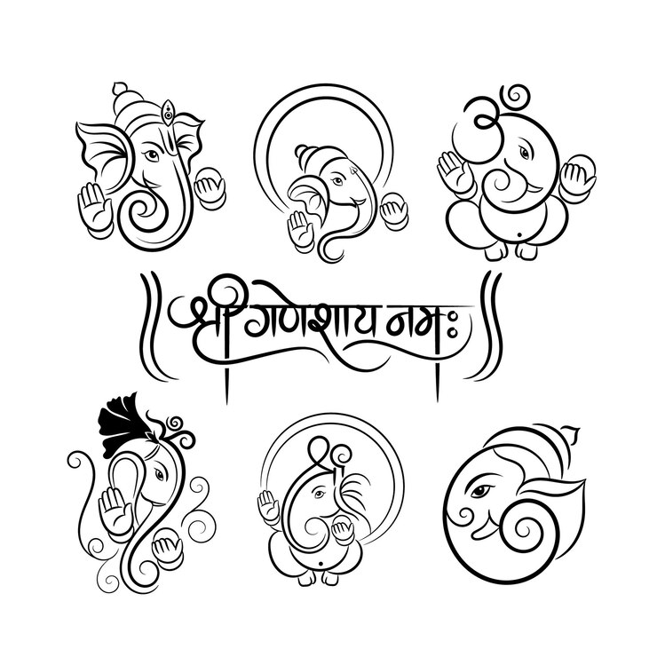 Vetor lord ganesha contorno logotipo e coleção de símbolos
